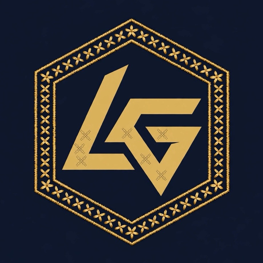 Levant Games logo — gold LG monogram in an embroidered hexagon on navy